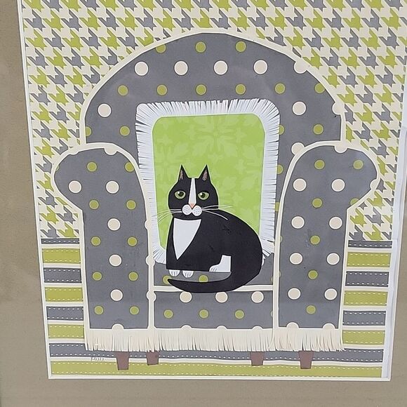 Handmade paper art collage of cat on couch Framed 17" X 14" - Picture 2 of 7